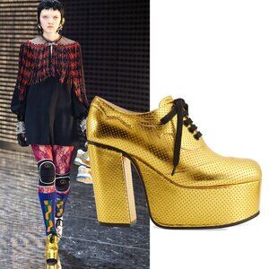 GUCCI SHOES OTIS GOLD LEATHER PLATFORM LACE UP PUMPS sz 39.5 9.5 US